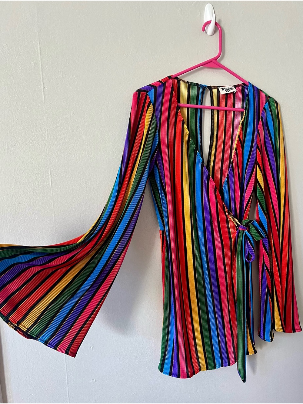 Show Me Your Mumu Rainbow Striped Wrap Romper with Bell Sleeves